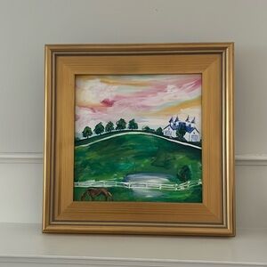 17” Custom commission Horse farm oil painting w/ gold frame